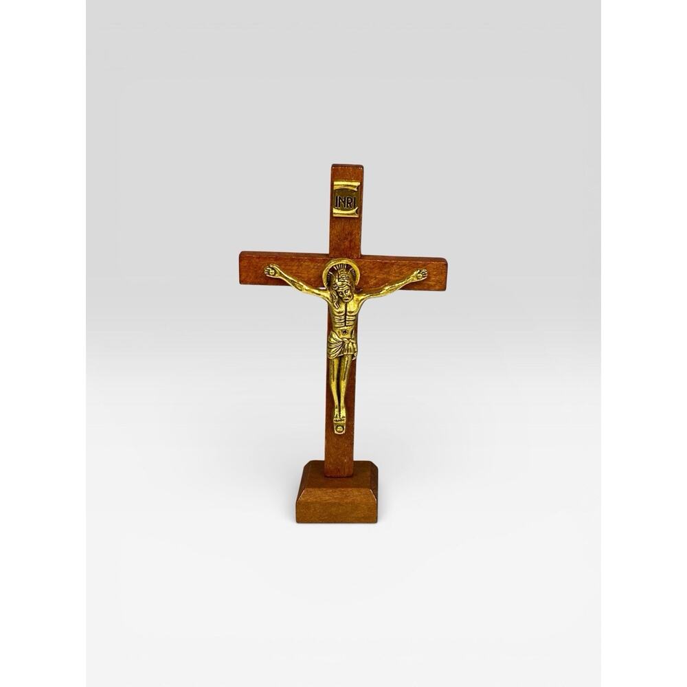 Vintage INRI Jesus Christ Crucifix Cross Wood Catholic Tabletop 4.25" Tall